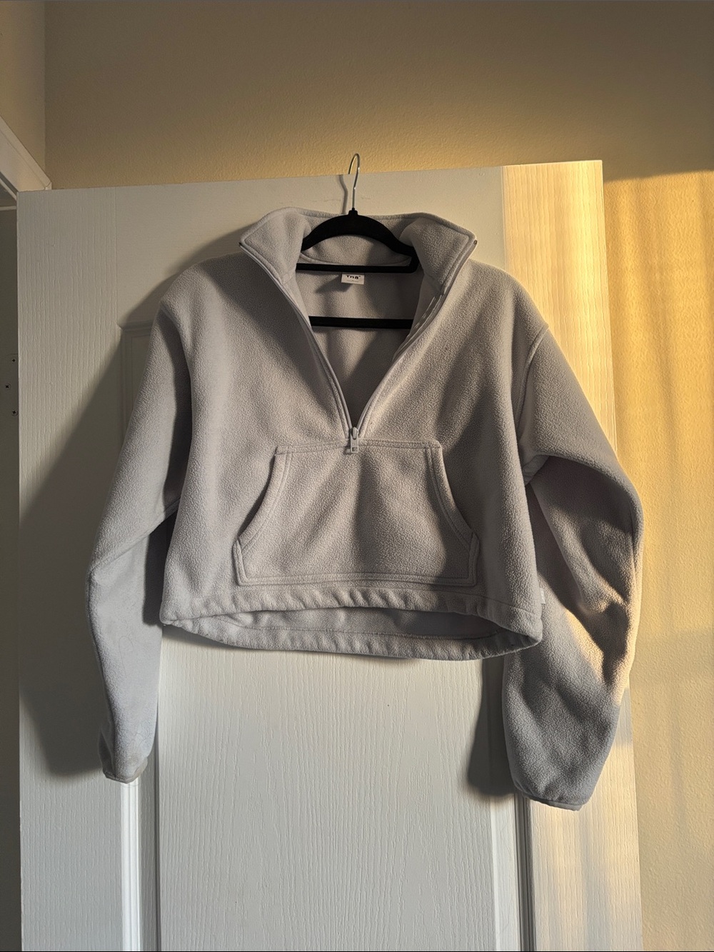 TNA Cropped Light Gray Blue Half-Zip Fleece Pullover Cropped